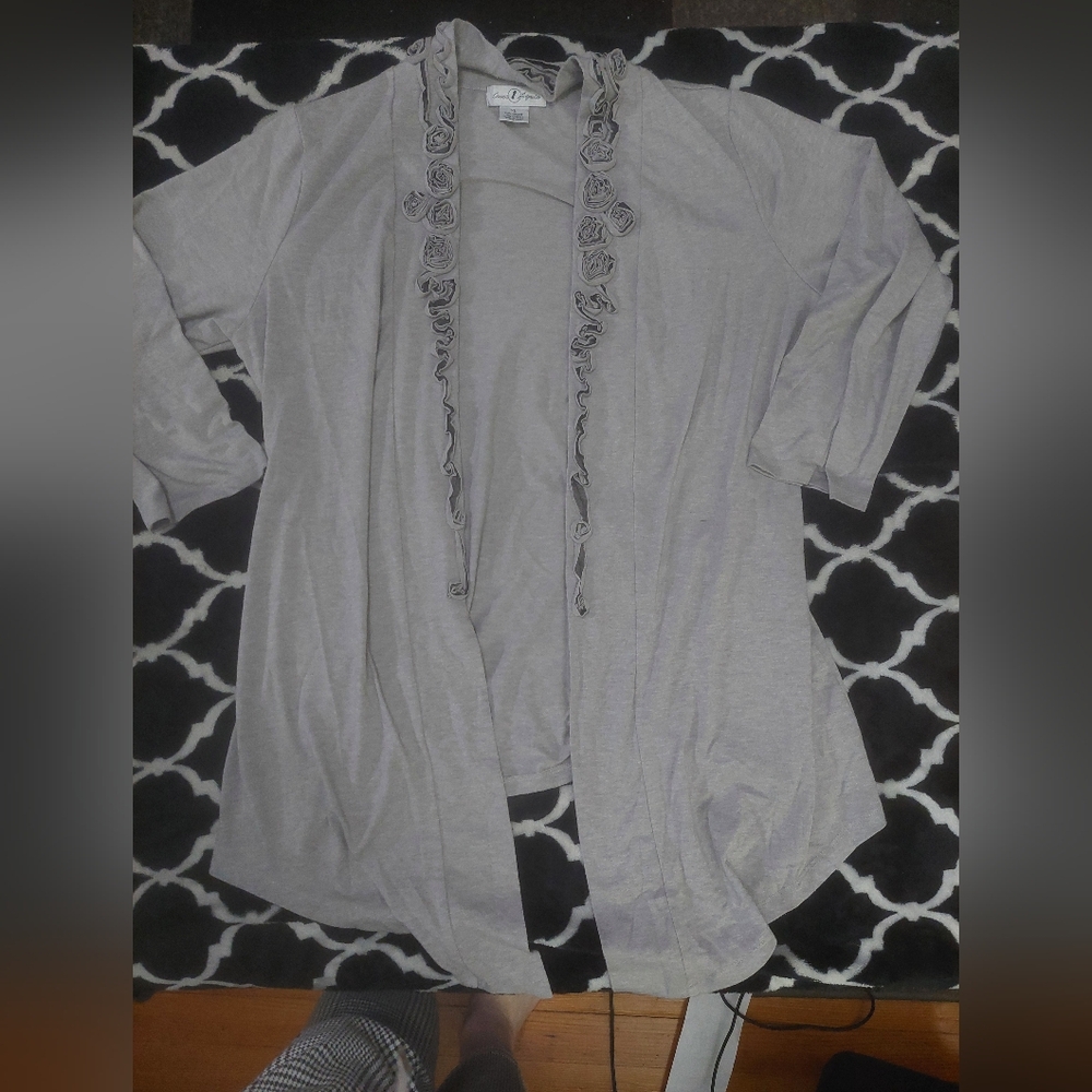 Once again Gray Open Front‎ Cardigan with Floral Trim